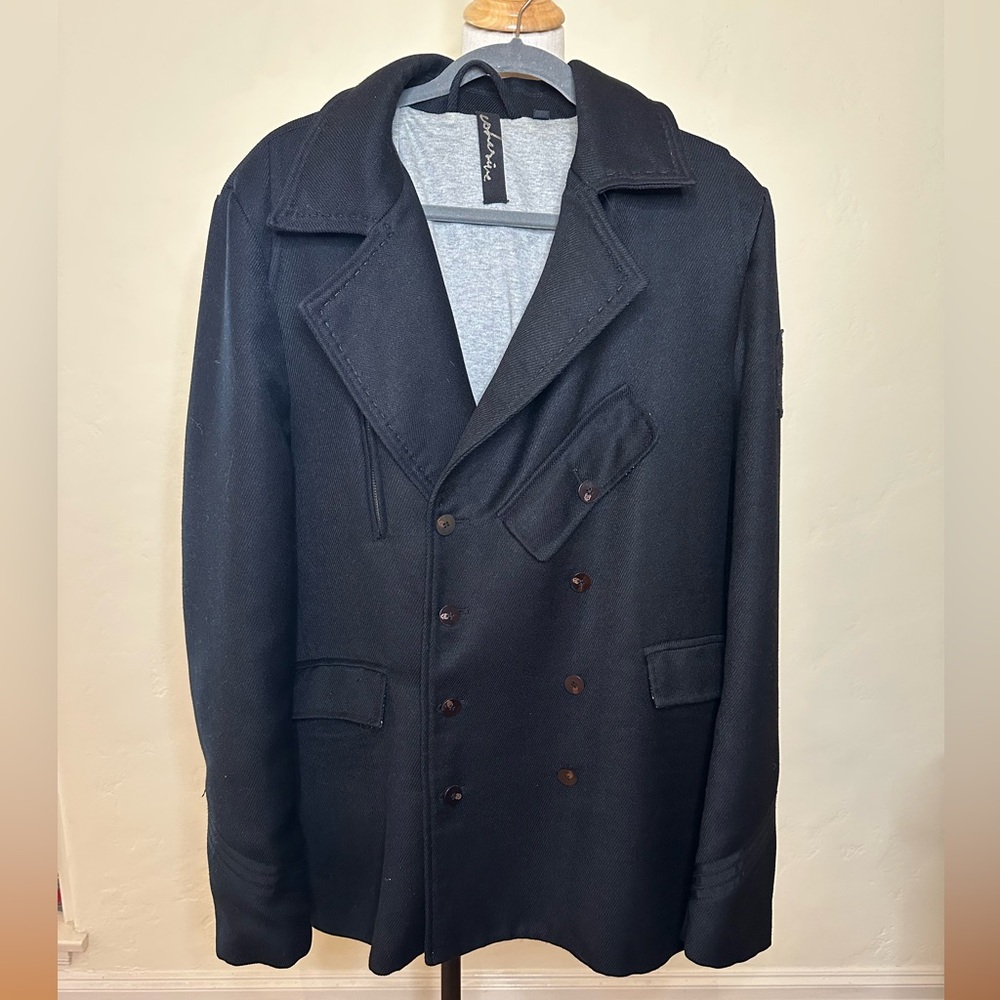Men's Black Double-Breasted Peacoat w/Skull buttons & sweatshirt lining